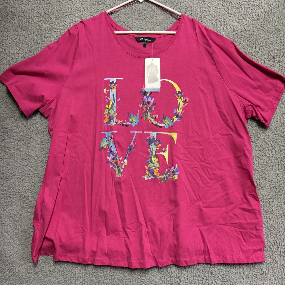 Ulla Popken Women's Size 28/30 Fuchsia Floral LOVE Graphic Cotton T-Shirt NWT